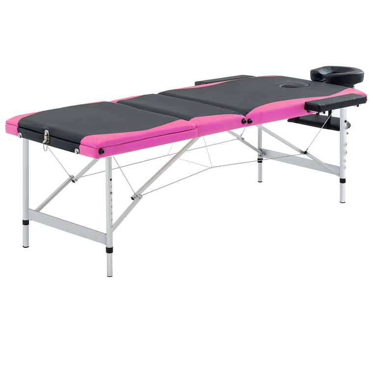 vidaXL Mesa de massagem dobrável 3 zonas alumínio preto e rosa 1