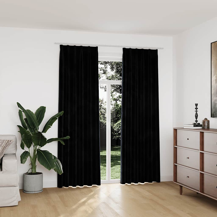 vidaXL Cortinas blackout com ganchos 2 pcs 140x225 cm veludo preto 1
