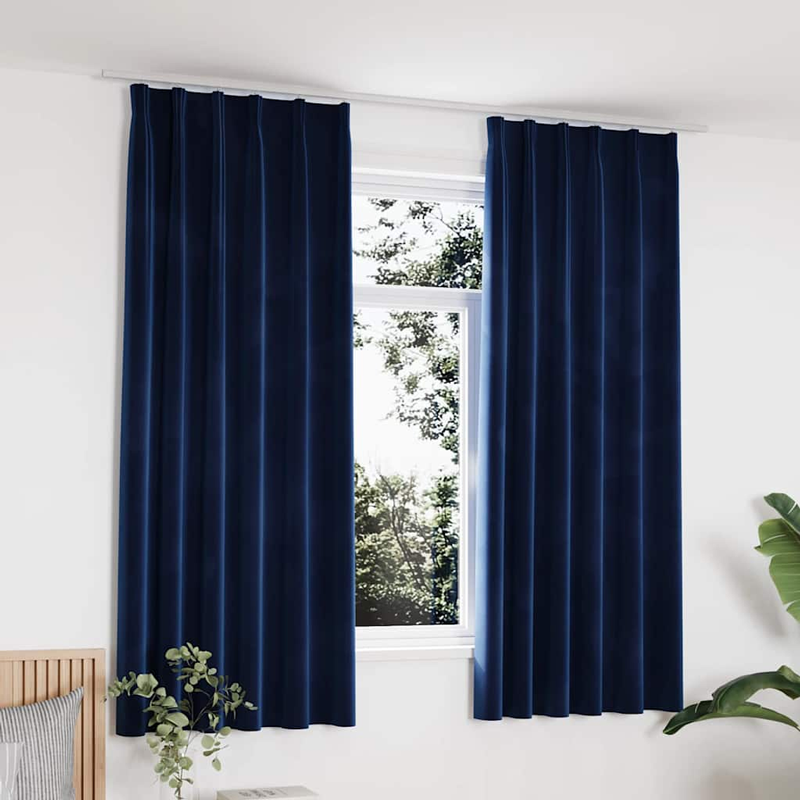 vidaXL Cortinas blackout c/ ganchos 2 pcs 140x175cm veludo azul escuro 1