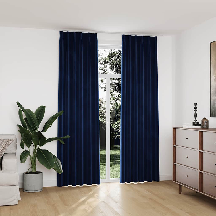 vidaXL Cortinas blackout c/ ganchos 2 pcs 140x245cm veludo azul escuro 1