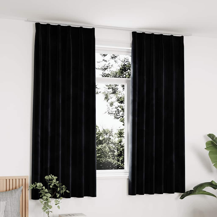 Cortinas Blackout em Veludo Preto vidaXL | Par de 140x175 cm com Ganchos | Bloqueio de Luz e Privacidade 1