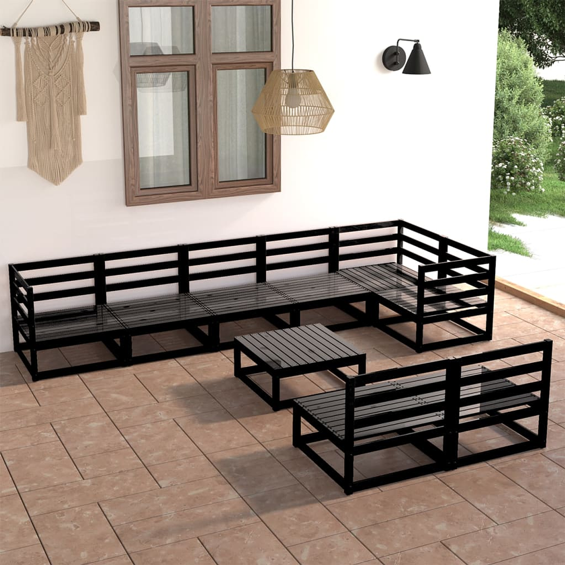 9-Piece Garden Lounge Set in Solid Black Pine | Sofas and Tables for Corner Socializing 1