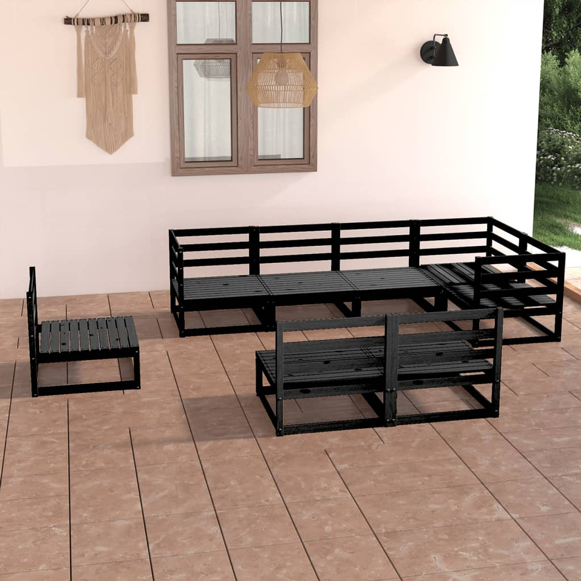 8-Piece Garden Lounge Set in Solid Black Pine | Sofas and Table for Outdoor Use 1