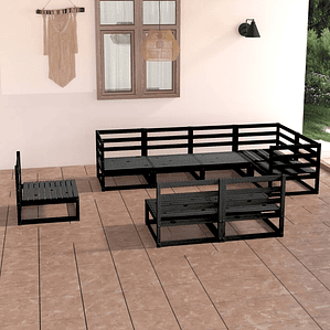 8-Piece Garden Lounge Set in Solid Black Pine | Sofas and Table for Outdoor Use