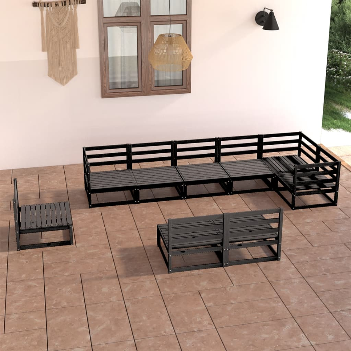 Conjunto Lounge de Jardim 9 Peças em Pinho Maciço Preto | Configuração Modular para Relaxamento 1