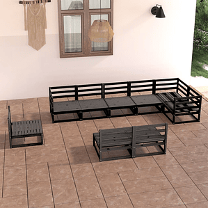 Conjunto Lounge de Jardim 9 Peças em Pinho Maciço Preto | Configuração Modular para Relaxamento