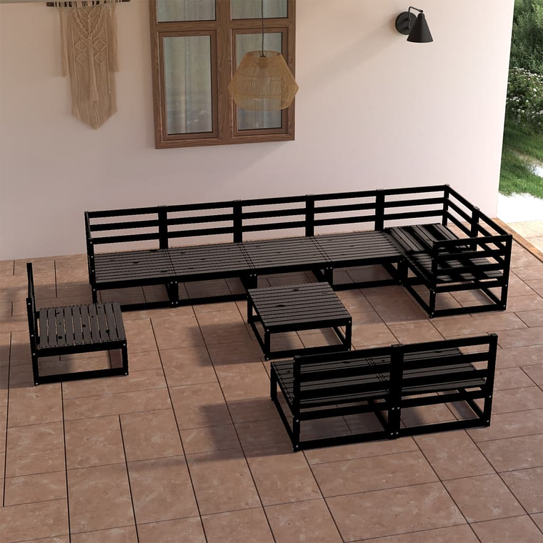 Conjunto Lounge de Jardim 10 Peças em Pinho Maciço Preto | Sofás e Mesa Modular para Exterior 1