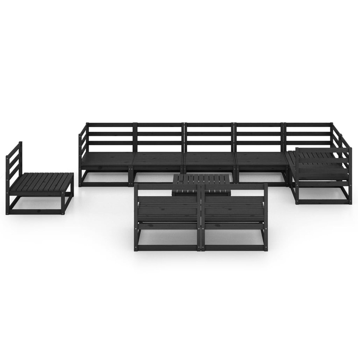 Conjunto Lounge de Jardim 10 Peças em Pinho Maciço Preto | Sofás e Mesa Modular para Exterior 10