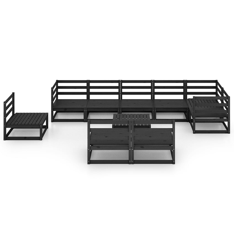 Conjunto Lounge de Jardim 10 Peças em Pinho Maciço Preto | Sofás e Mesa Modular para Exterior 10
