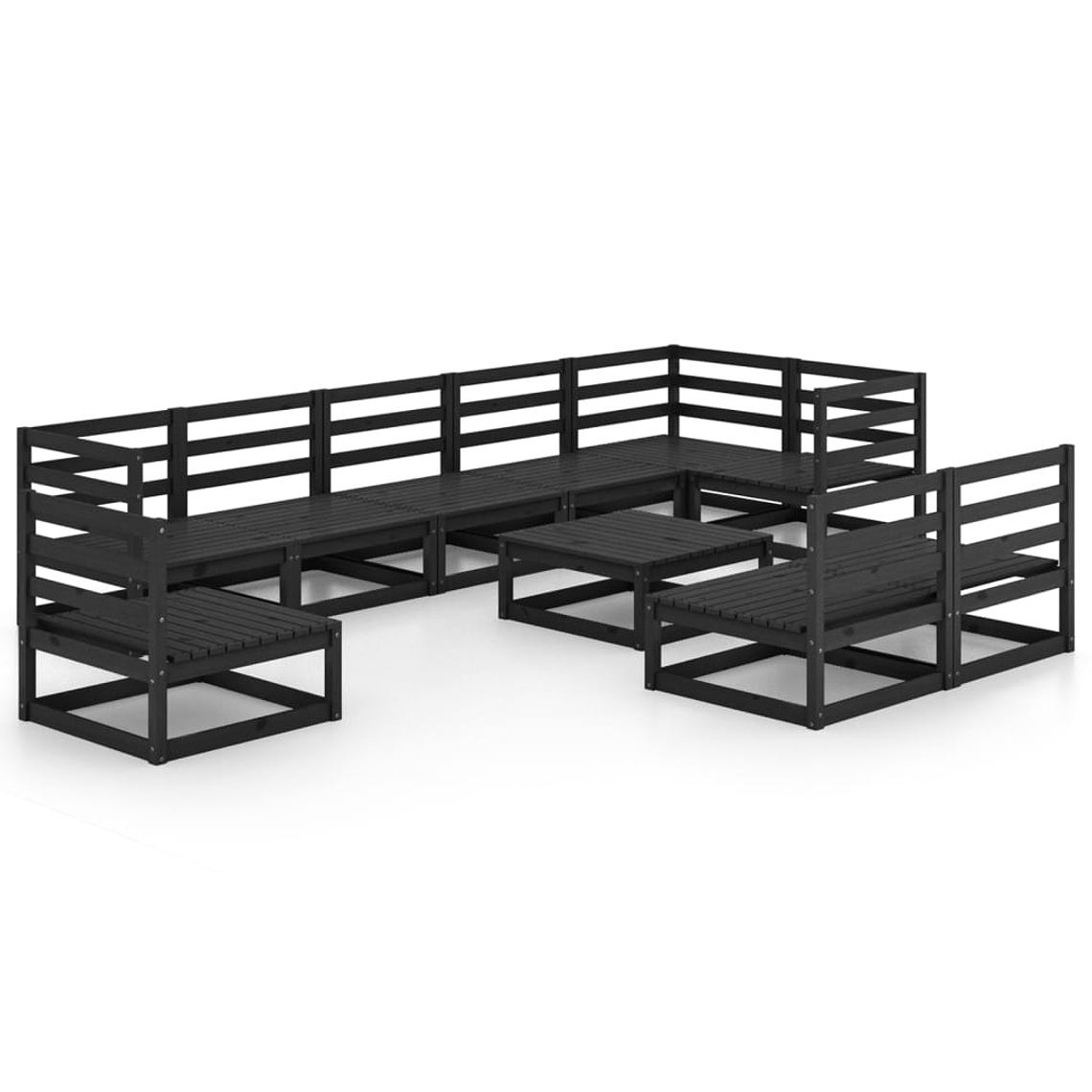 Conjunto Lounge de Jardim 10 Peças em Pinho Maciço Preto | Sofás e Mesa Modular para Exterior 12