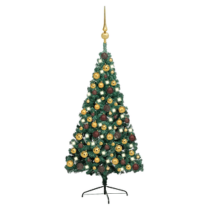 vidaXL Meia árvore Natal artificial pré-iluminada c/ bolas verde