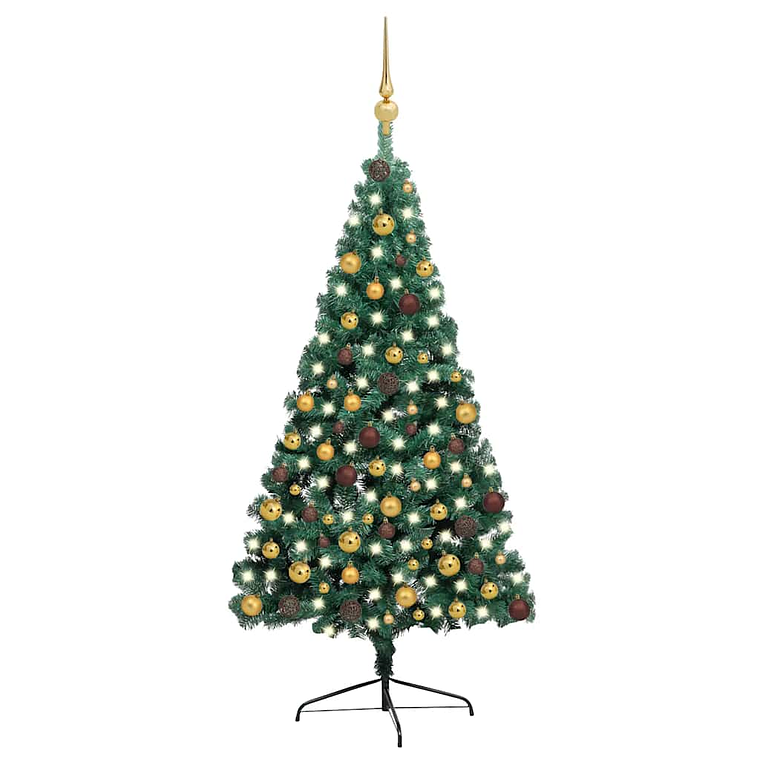 vidaXL Meia árvore Natal artificial pré-iluminada c/ bolas verde 1