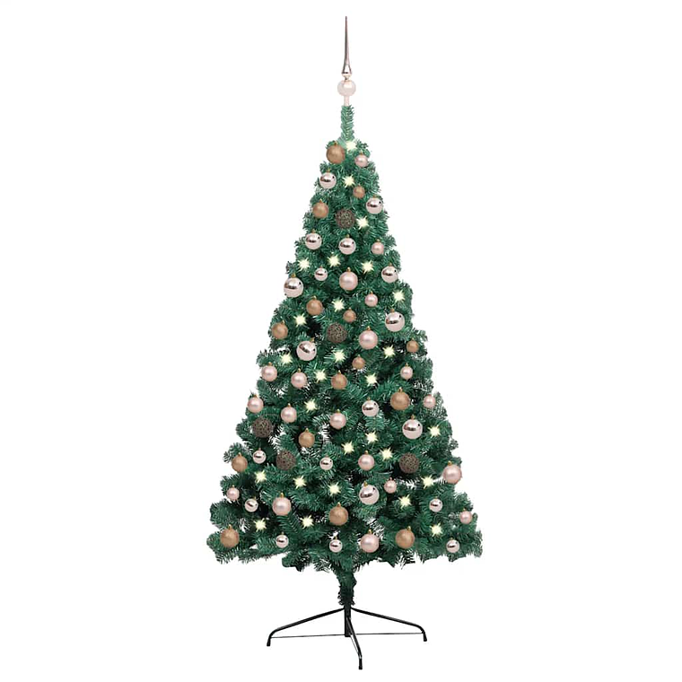vidaXL Meia árvore Natal artificial pré-iluminada c/ bolas verde 1