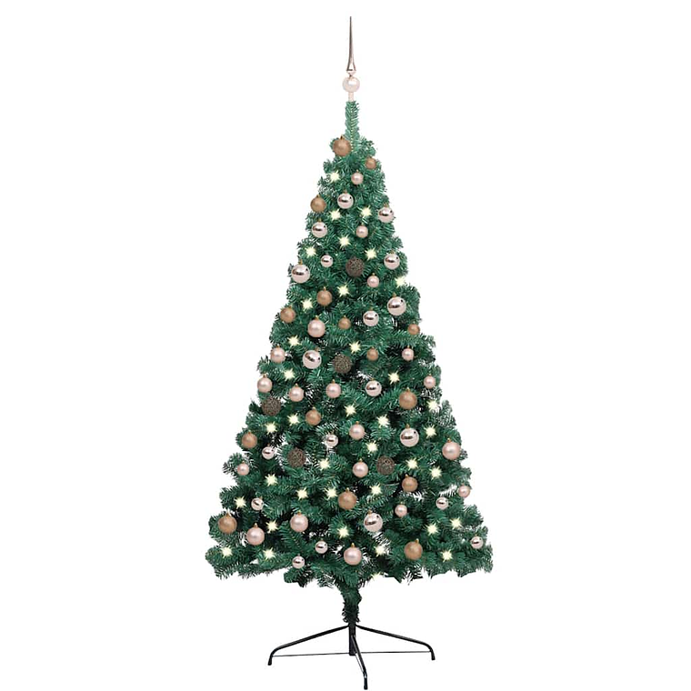 vidaXL Meia árvore Natal artificial pré-iluminada c/ bolas verde 1