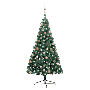 vidaXL Meia árvore Natal artificial pré-iluminada c/ bolas verde