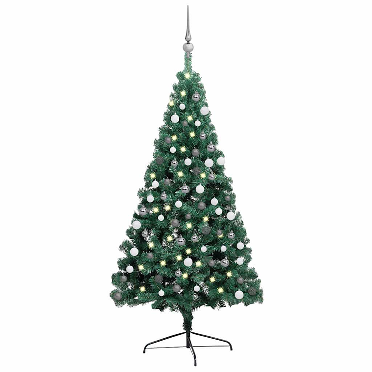 vidaXL Meia árvore Natal artificial pré-iluminada c/ bolas verde 1