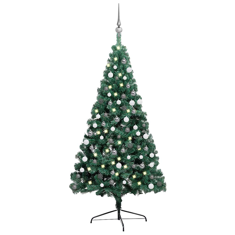 vidaXL Meia árvore Natal artificial pré-iluminada c/ bolas verde 1
