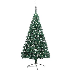 vidaXL Meia árvore Natal artificial pré-iluminada c/ bolas verde
