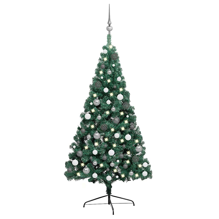 vidaXL Meia árvore Natal artificial pré-iluminada c/ bolas verde 1