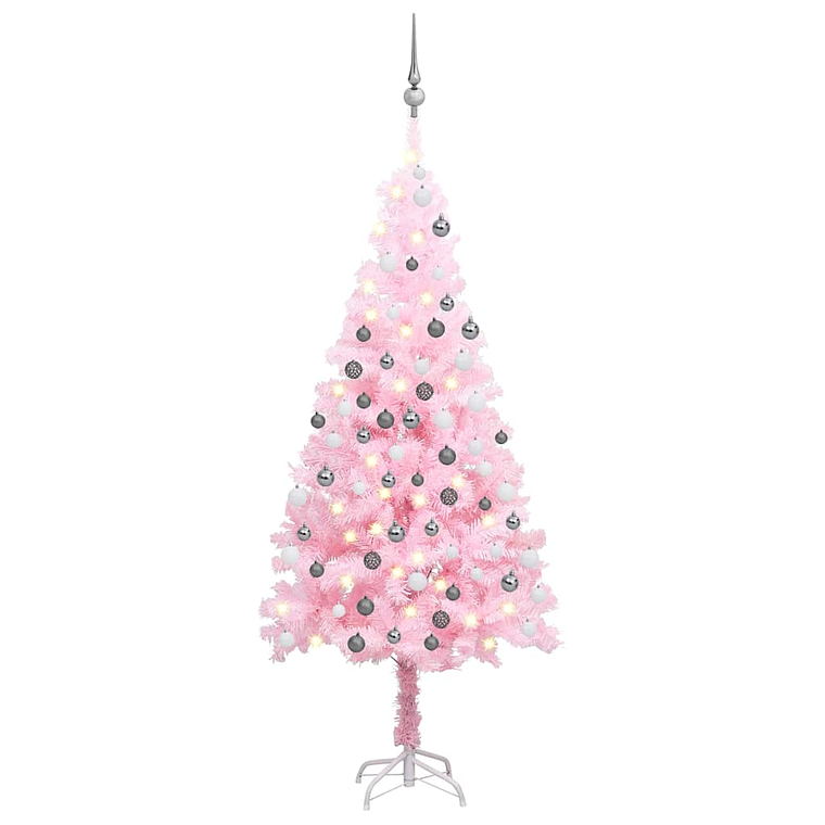 vidaXL Árvore Natal artificial pré-iluminada c/ bolas PVC rosa 1