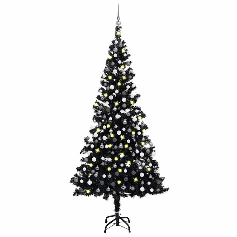 vidaXL Árvore Natal artificial pré-iluminada c/ bolas PVC preto 1