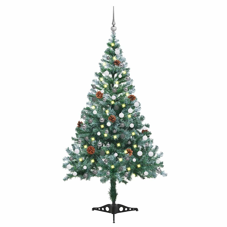 vidaXL Árvore de Natal pré-iluminada geada c/ bolas e pinhas 150 cm 1