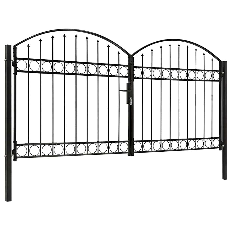 vidaXL Portão p/ cerca porta dupla e topo arqueado 300x125cm aço preto 1