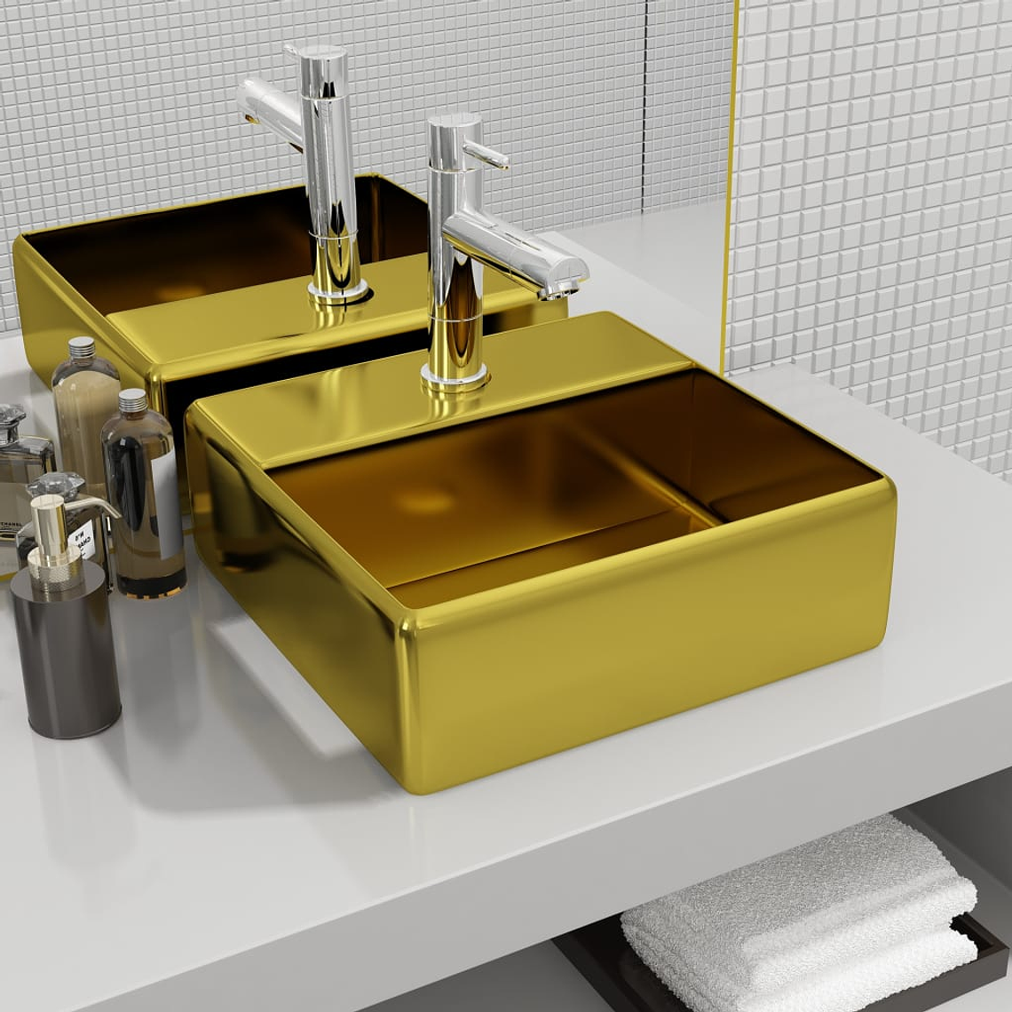 vidaXL Lavatório c/ orifício torneira 38x30x11,5 cm cerâmica dourado 1