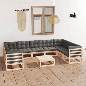 vidaXL 10 pcs conjunto lounge de jardim c/ almofadões pinho maciço