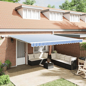 vidaXL Toldo Retrátil Azul e Branco 500 × 300 cm Poliéster e Alumínio