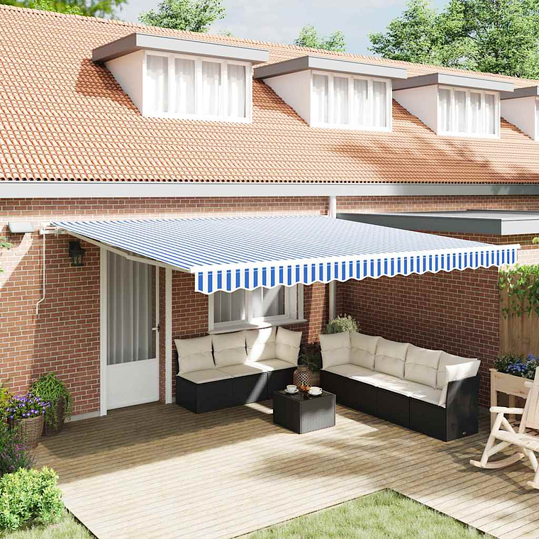 vidaXL Toldo Retrátil Azul e Branco 500 × 300 cm Poliéster e Alumínio 1