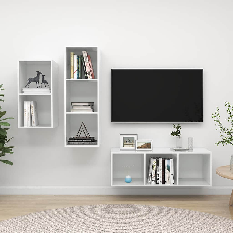 vidaXL 3 pcs conjunto móveis de TV derivados madeira branco brilhante 1