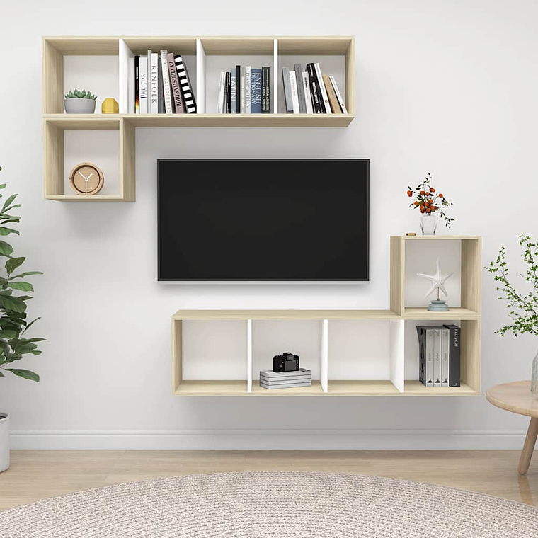 vidaXL 4 pcs conj. móveis TV derivados madeira branco/carvalho sonoma 1