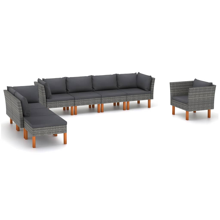 vidaXL 8 pcs conj. lounge jardim vime PE e madeira eucalipto cinzento 1