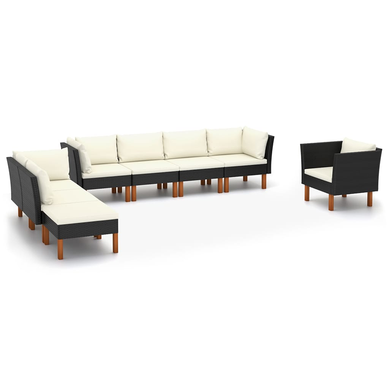 vidaXL 8 pcs conj. lounge jardim vime PE e madeira de eucalipto preto 1