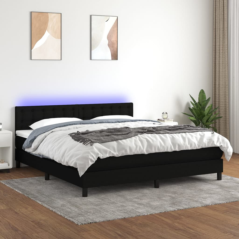 vidaXL Cama box spring c/ colchão e LED 180x200 cm tecido preto 1