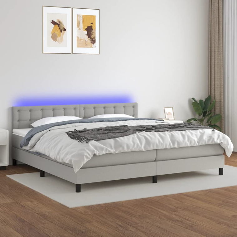 vidaXL Cama box spring c/ colchão e LED 200x200 cm tecido cinza-claro 1