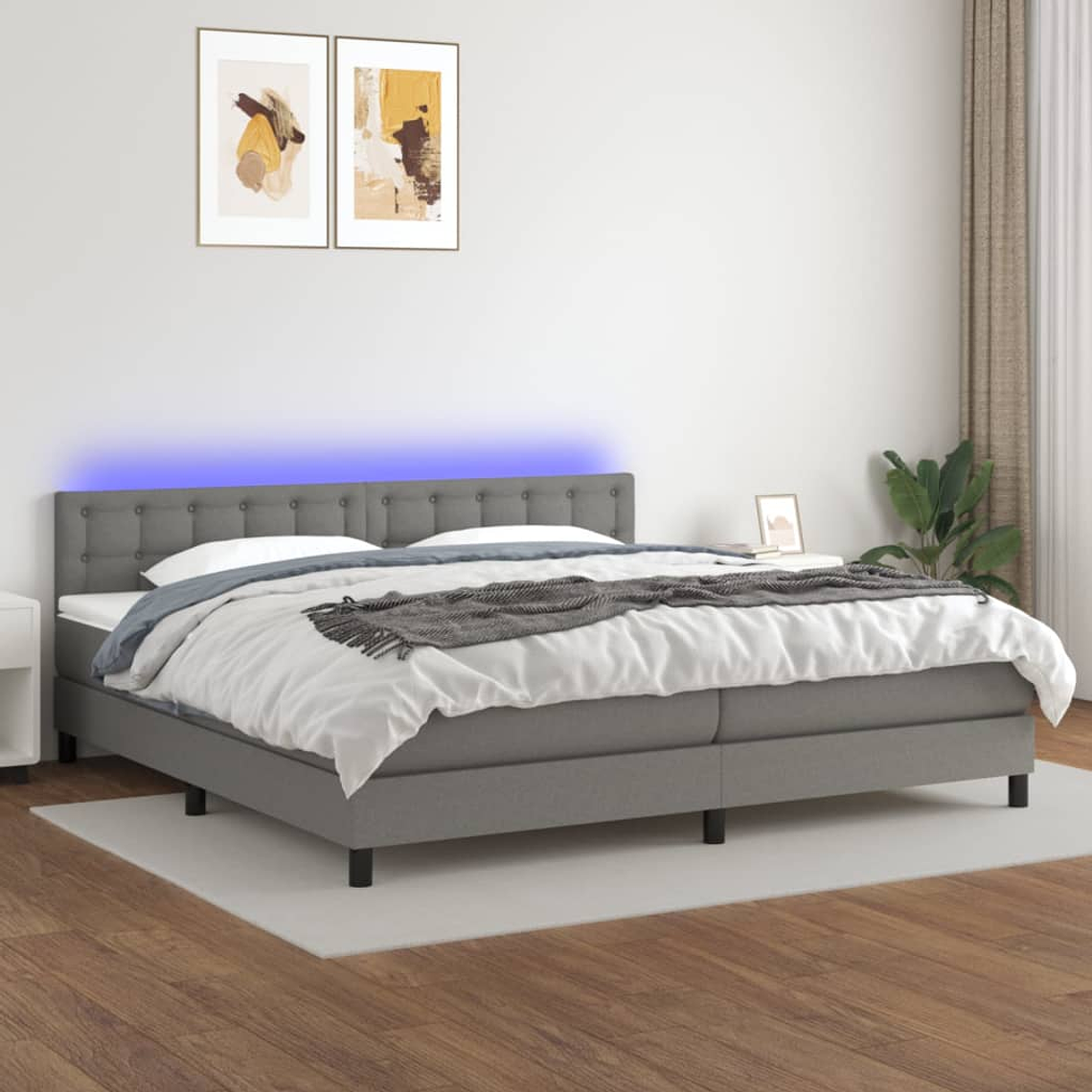 vidaXL Cama box spring c/ colchão e LED 200x200 cm tecido cinza-escuro 1