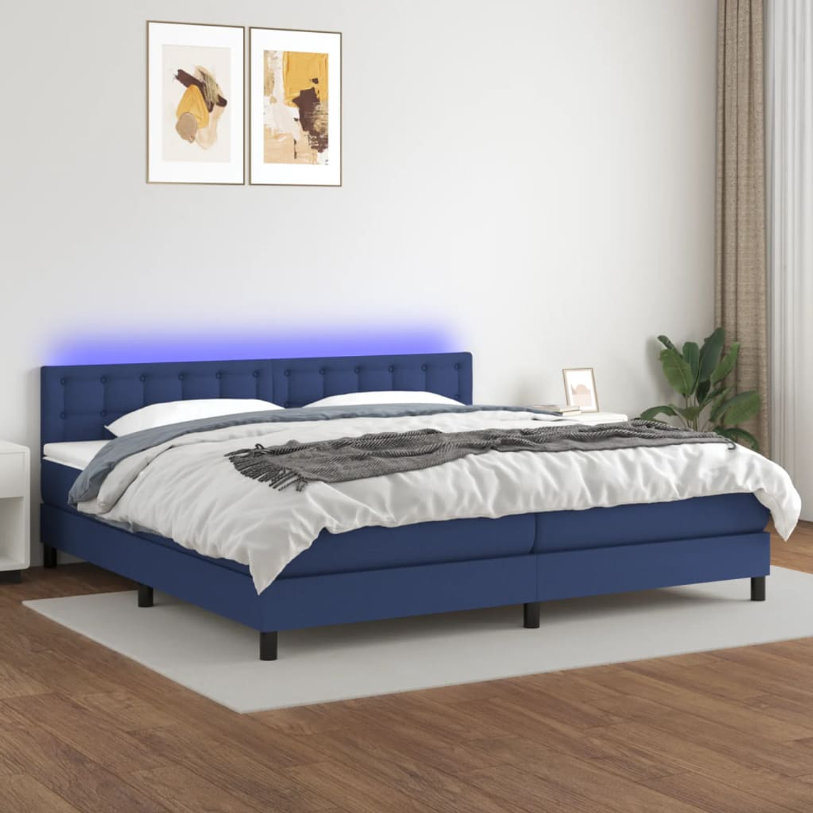 vidaXL Cama box spring c/ colchão e LED 200x200 cm tecido azul 1