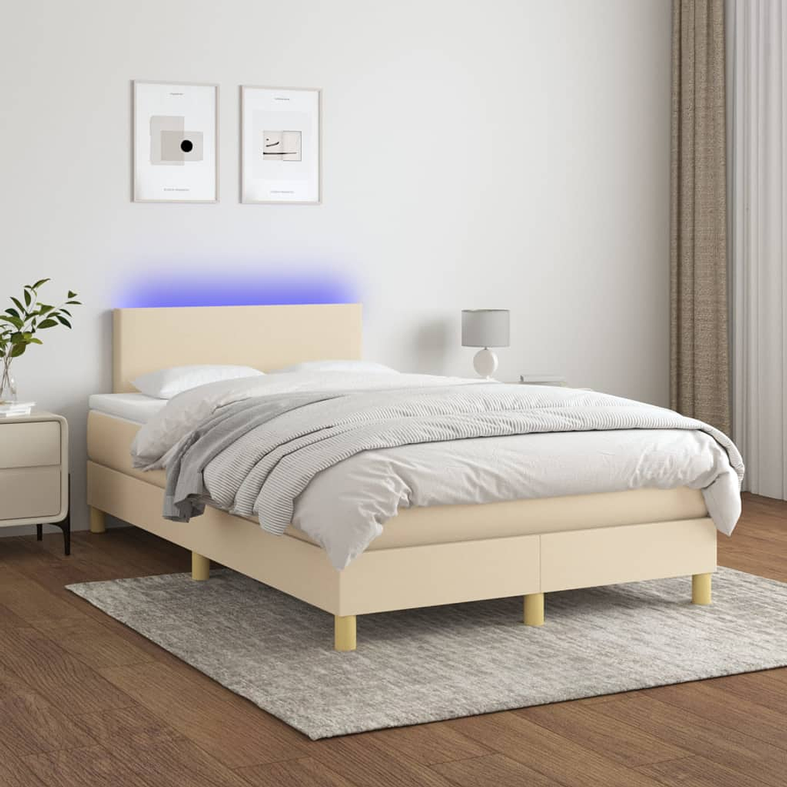 vidaXL Cama box spring c/ colchão e LED 120x200 cm tecido cor creme 1