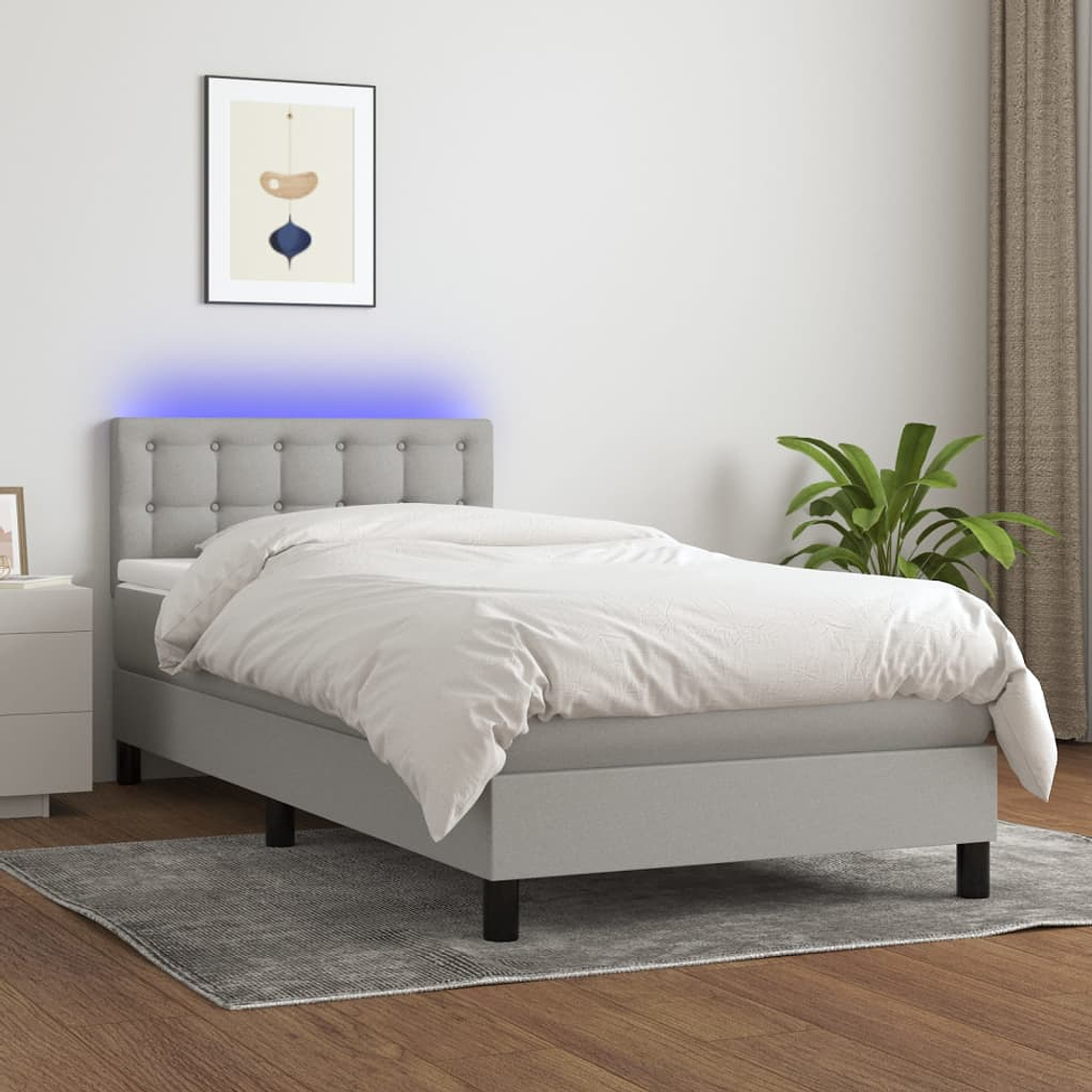 vidaXL Cama box spring c/ colchão e LED 90x200 cm tecido cinza-claro 1