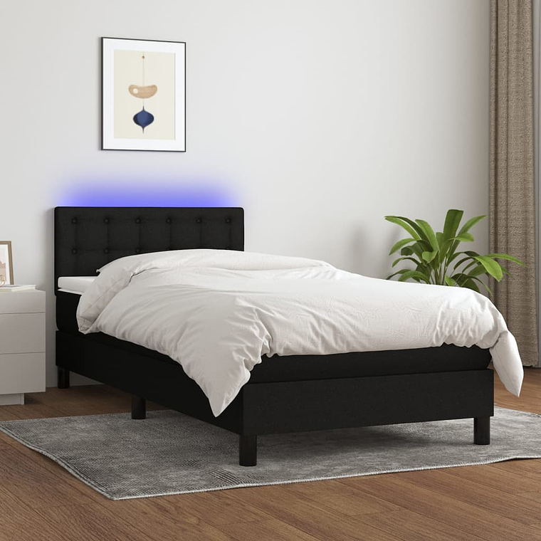 vidaXL Cama box spring c/ colchão e LED 100x200 cm tecido preto 1