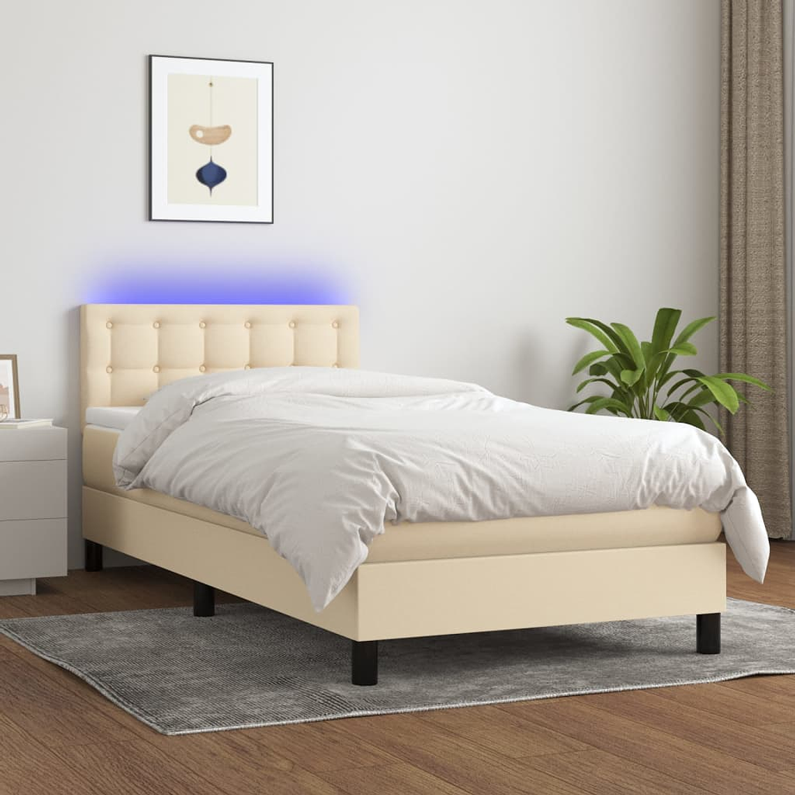 vidaXL Cama box spring c/ colchão e LED 100x200 cm tecido cor creme 1