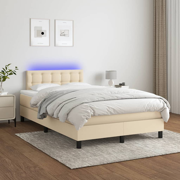 vidaXL Cama box spring c/ colchão e LED 120x200 cm tecido cor creme 1