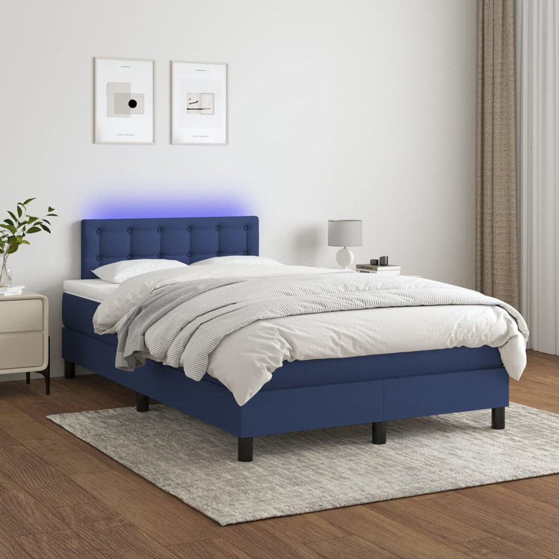 vidaXL Cama box spring c/ colchão e LED 120x200 cm tecido azul 1