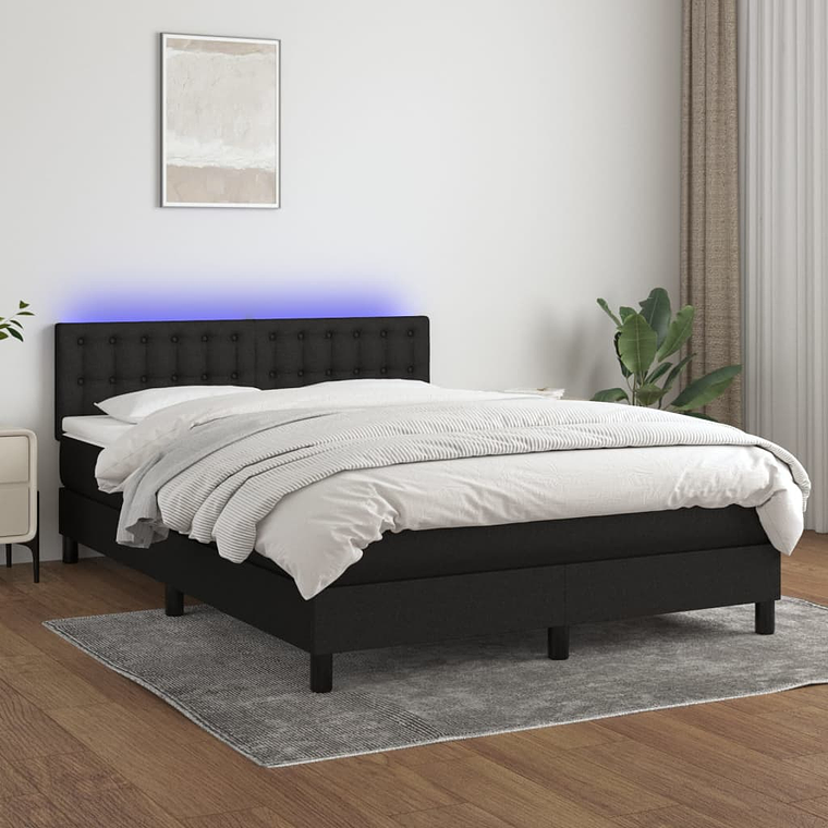 vidaXL Cama box spring c/ colchão e LED 140x200 cm tecido preto 1