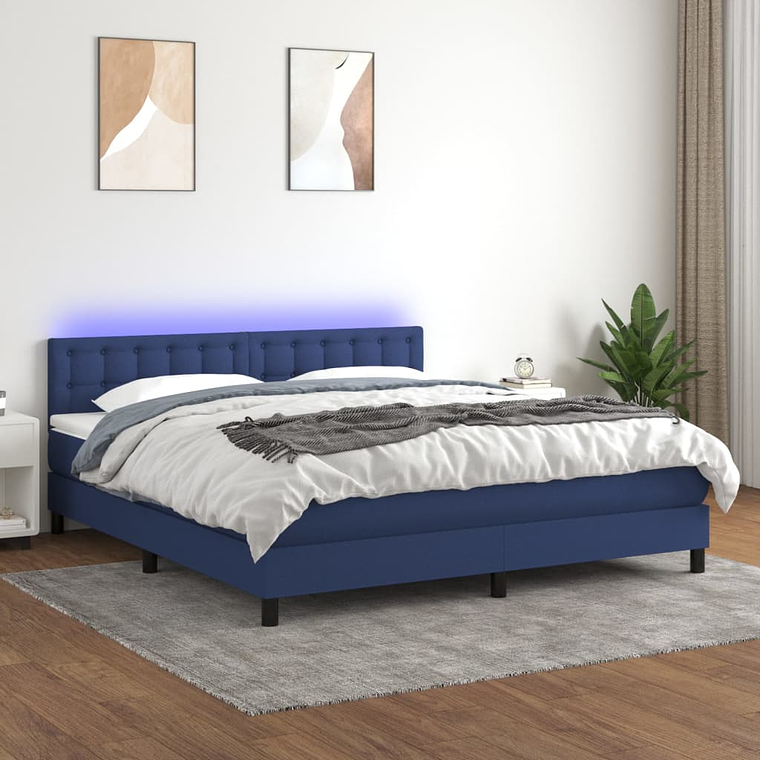 vidaXL Cama box spring c/ colchão e LED 160x200 cm tecido azul 1