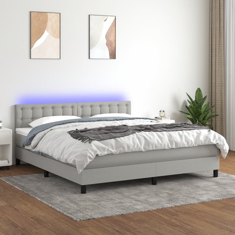 vidaXL Cama box spring c/ colchão e LED 180x200 cm tecido cinza-claro 1