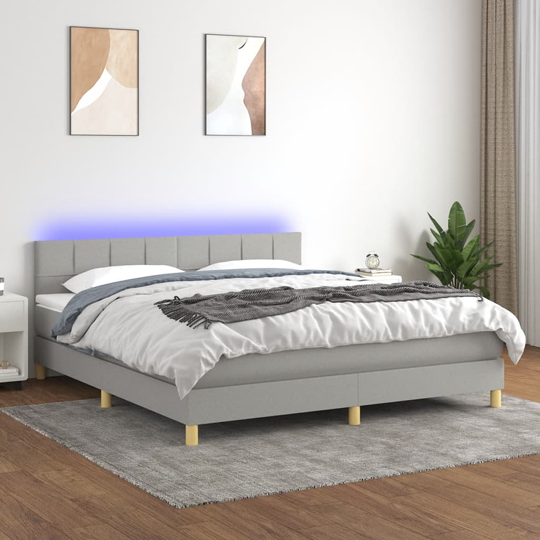 vidaXL Cama box spring c/ colchão e LED 180x200 cm tecido cinza-claro 1