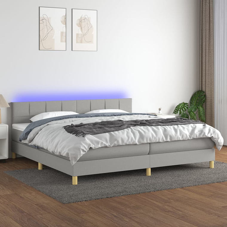 vidaXL Cama box spring c/ colchão e LED 200x200 cm tecido cinza-claro 1